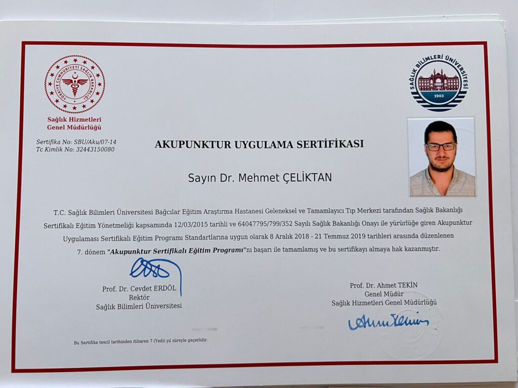Dr. Mehmet Çeliktan Akupunktur Uygulama Sertifikası