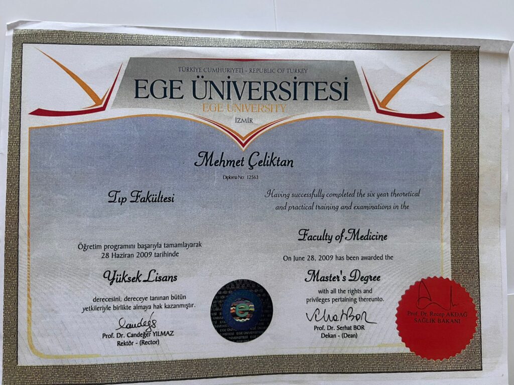 Dr. Mehmet Çeliktan Ege Üniversitesi Tıp Fakültesi Yüksek Lisans Diploması