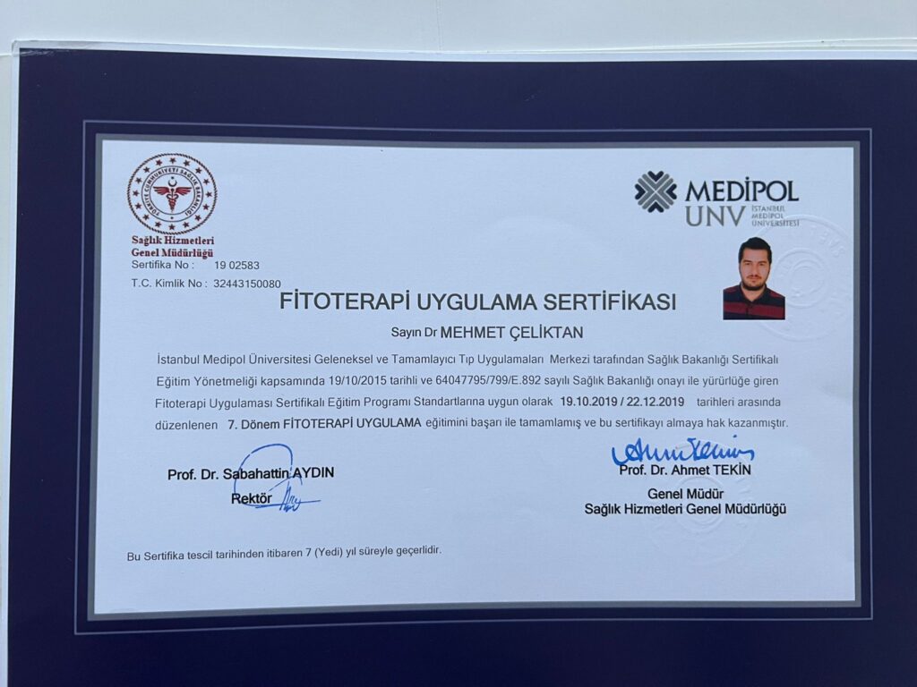 Dr. Mehmet Çeliktan Fitoterapi Uygulama Sertifikası