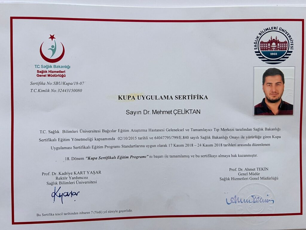 Dr. Mehmet Çeliktan Hacamat Kupa Uygulama Sertifikası