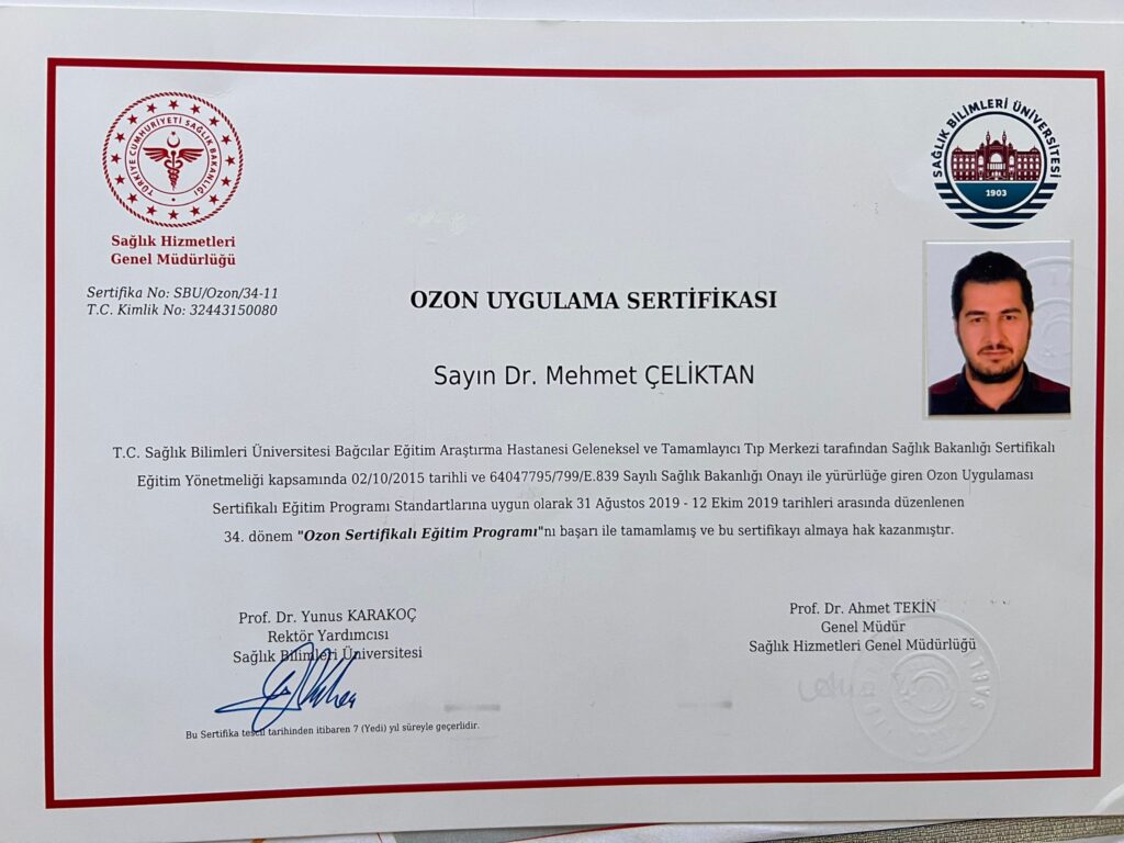 Dr. Mehmet Çeliktan Ozon Uygulama Sertifikası