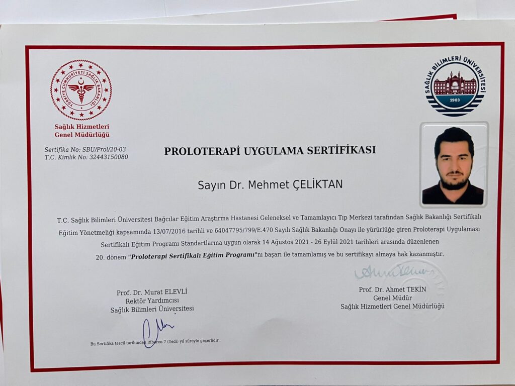 Dr. Mehmet Çeliktan Proloterapi Uygulama Sertifikası