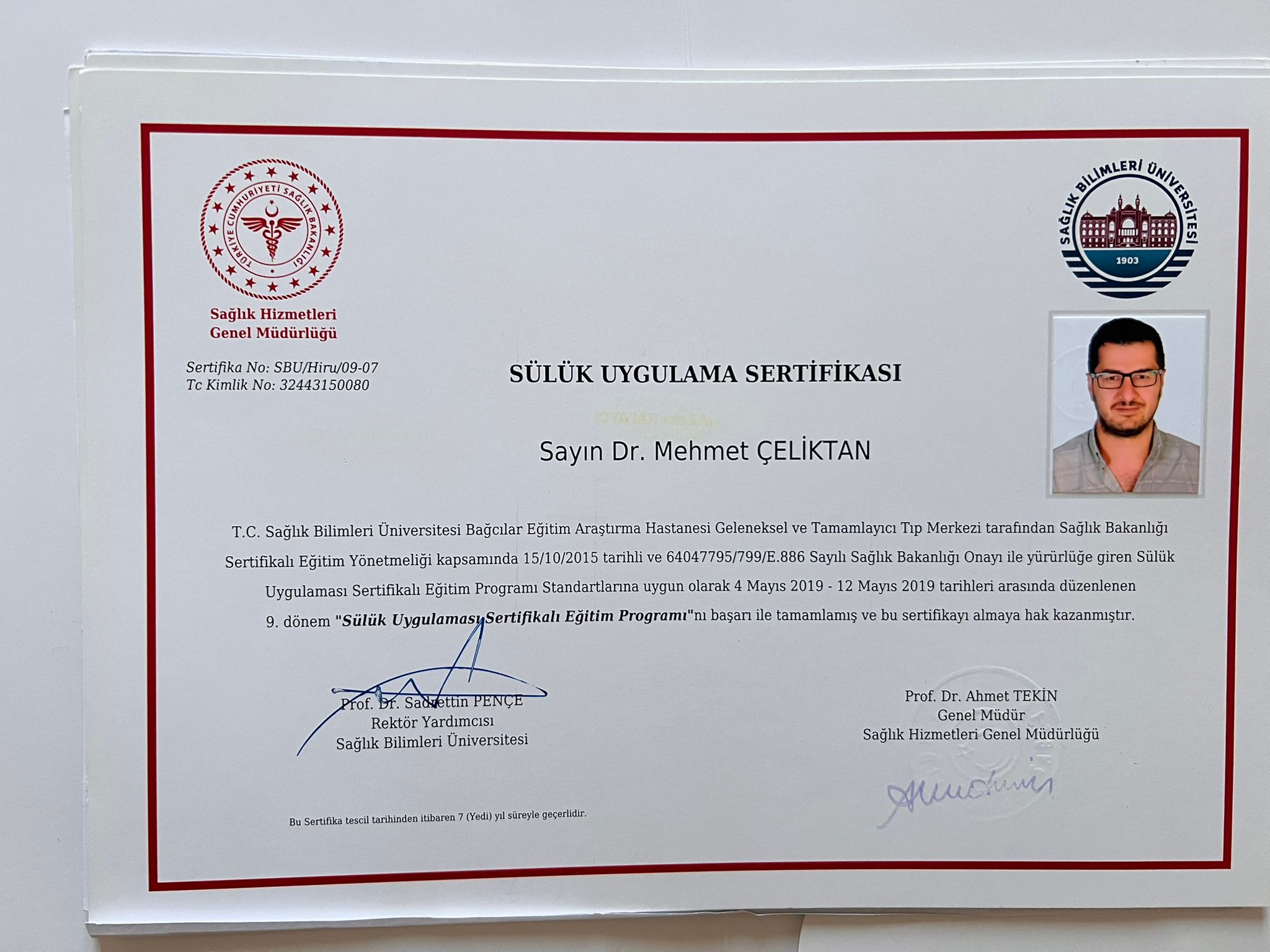 Dr. Mehmet Çeliktan Sülük Uygulama Sertifikası